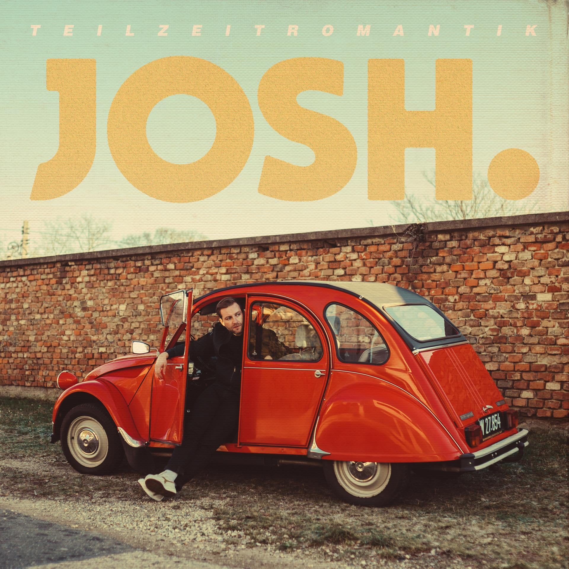 Albumcover mit dem Namen JOSH. in großer gelber Schrift und einem Mann in einem roten Auto.