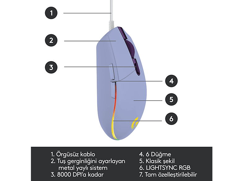 LOGITECH G G203 LIGHTSYNC RGB Aydınlatmalı 8000 DPI Kablolu Oyuncu Mouse - Lila_1