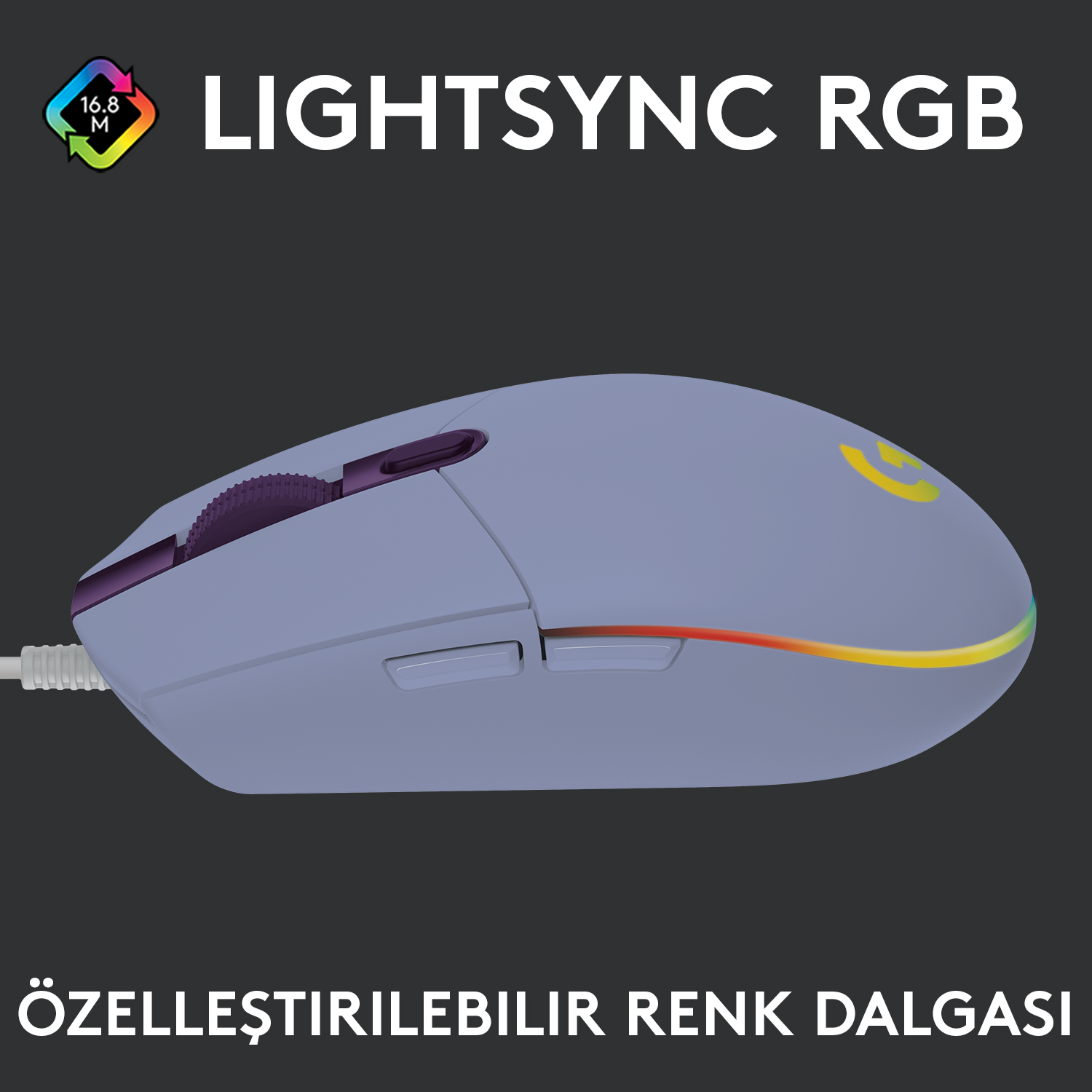 Mor detaylara ve renkli bir ışık şeridine sahip açık mavi bir oyun faresi.