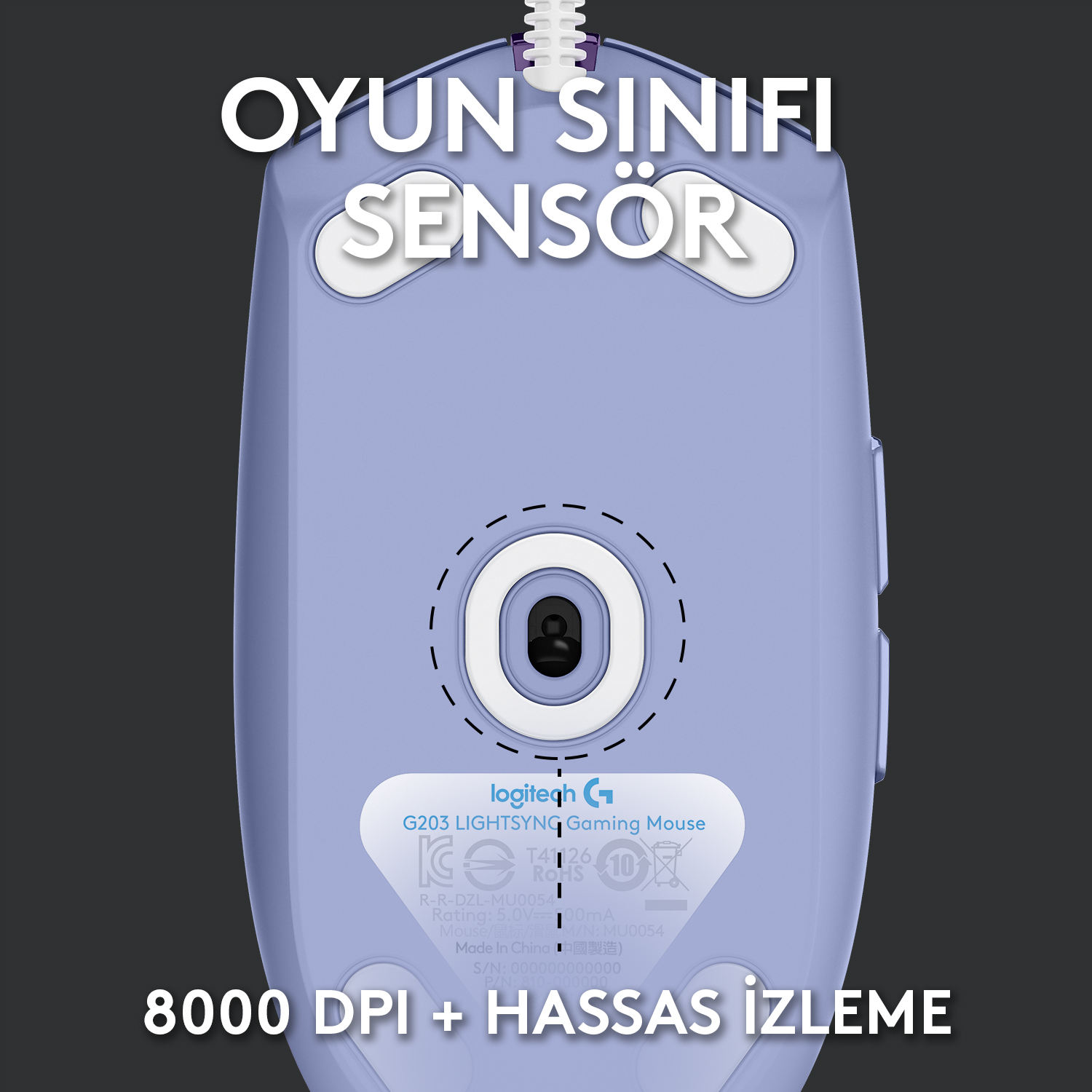 Sensör ve DPI detayları hakkında metin içeren oyun faresi.