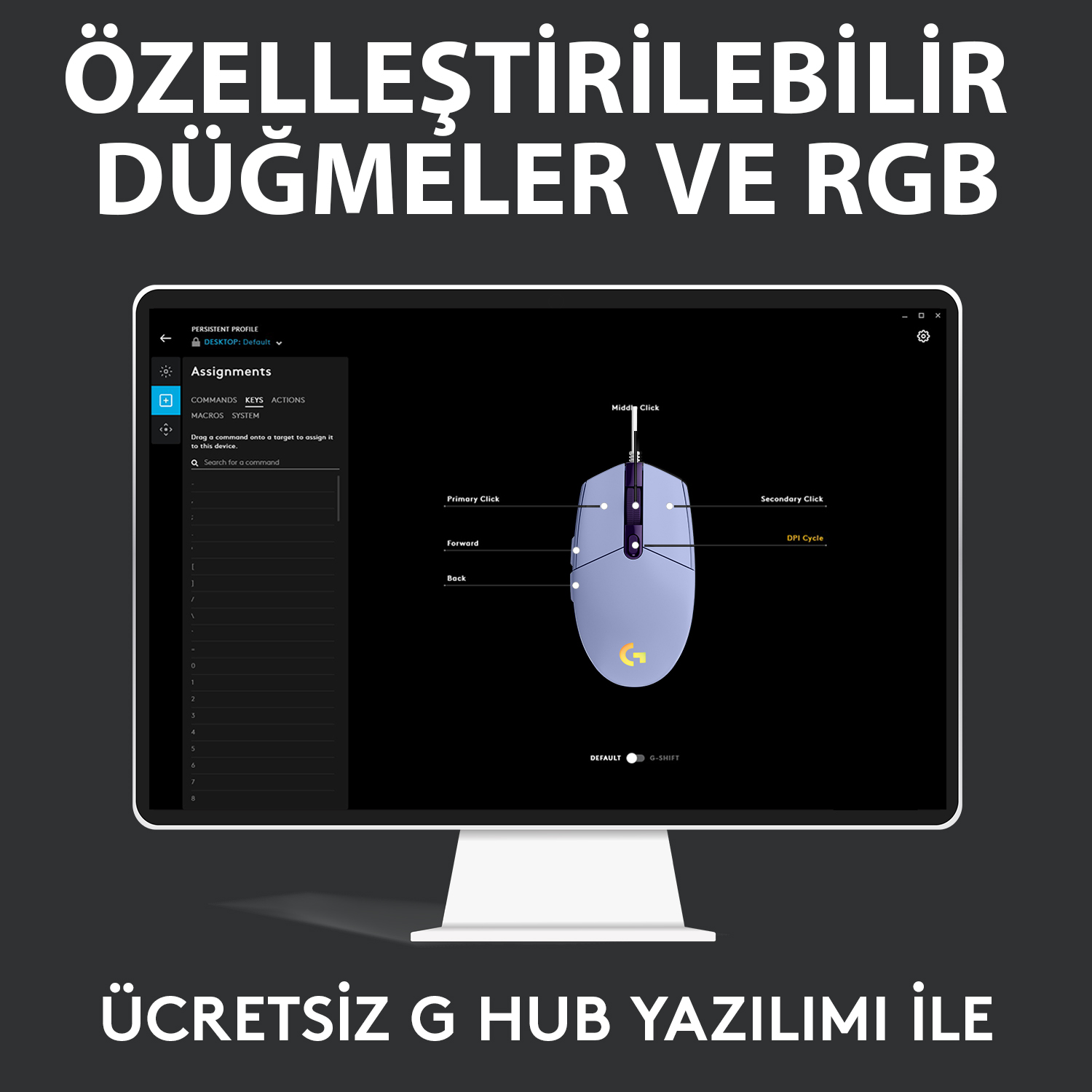 Ekranda bir bilgisayar faresi. Fare için özelleştirme seçenekleri gösteriyor.