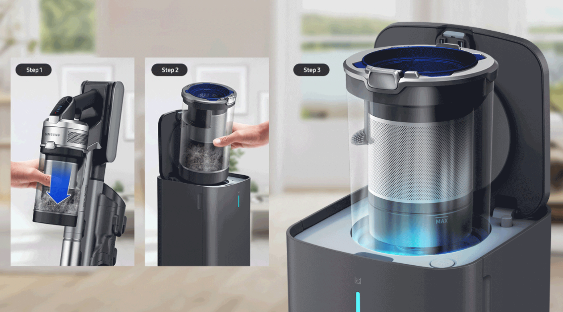 Schritte des Reinigungsprozesses eines Staubsaugers: Staub von Luft trennen und Filter reinigen.