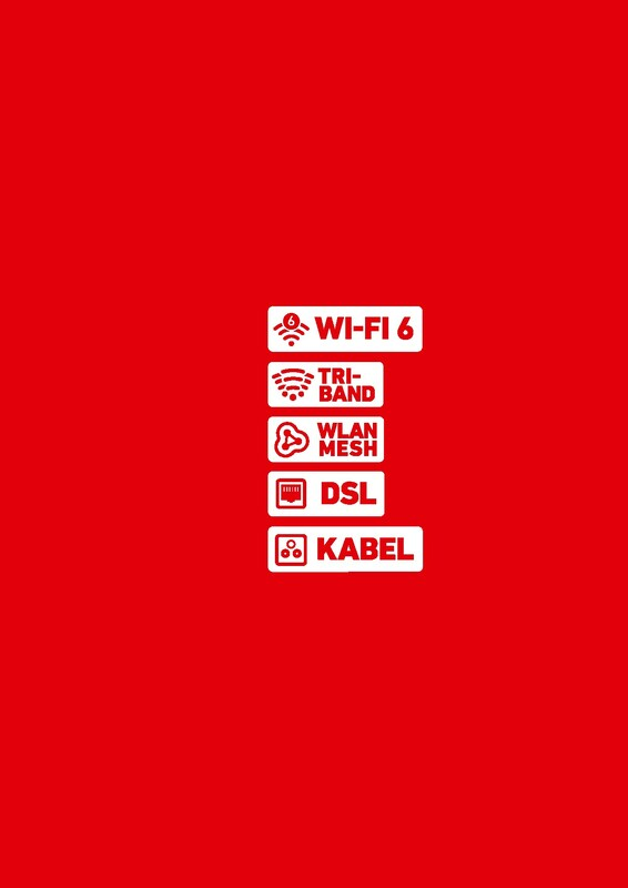 Roter Hintergrund mit weißen Symbolen für Wi-Fi, Tri-Band, DSL und Kabel.