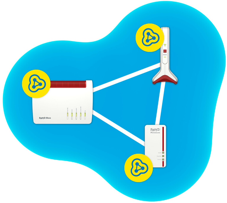 Illustration eines Routers und zwei Repeatern, die durch Linien auf blauem Hintergrund verbunden sind. Gelbe Netzwerksymbole.