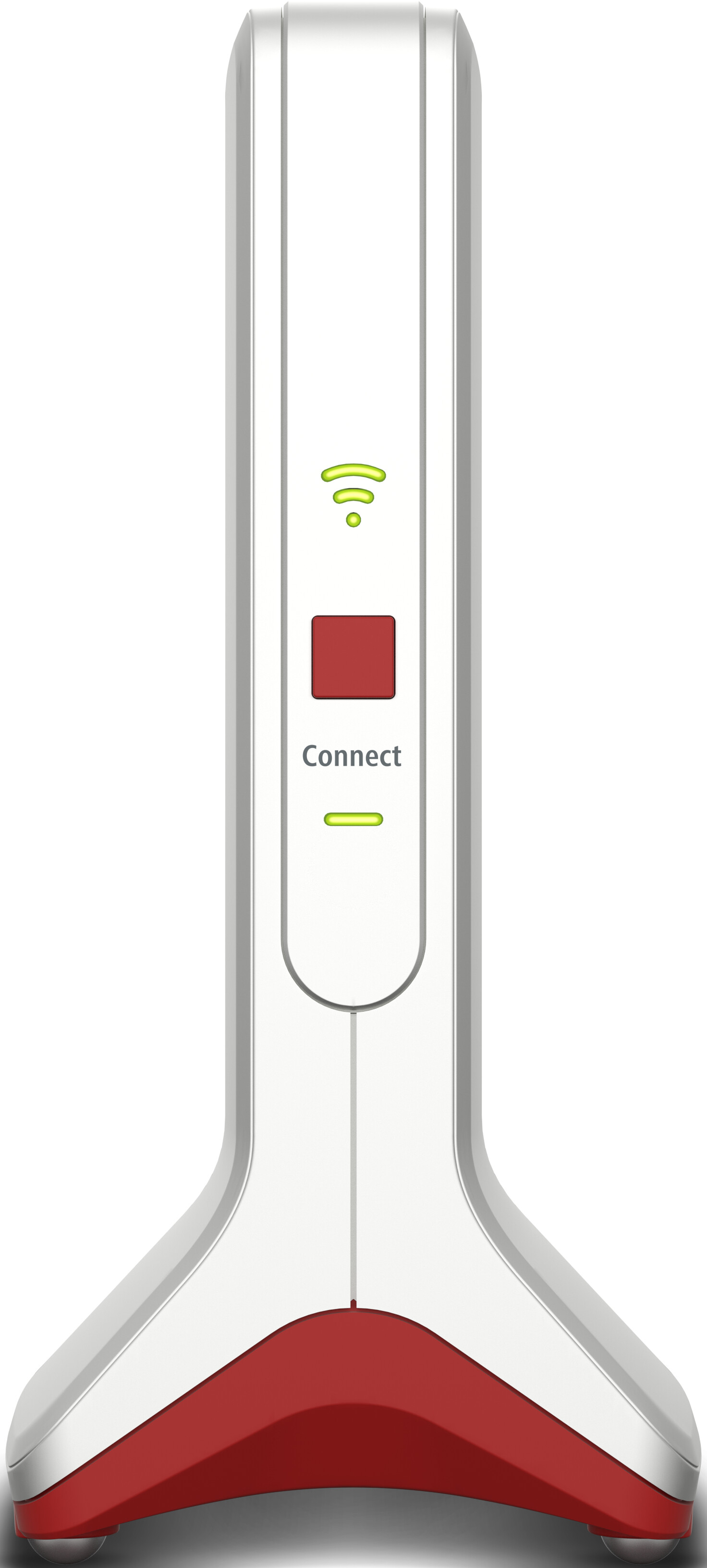 Ein weißer und roter Router mit roter Taste mit der Aufschrift "Connect".