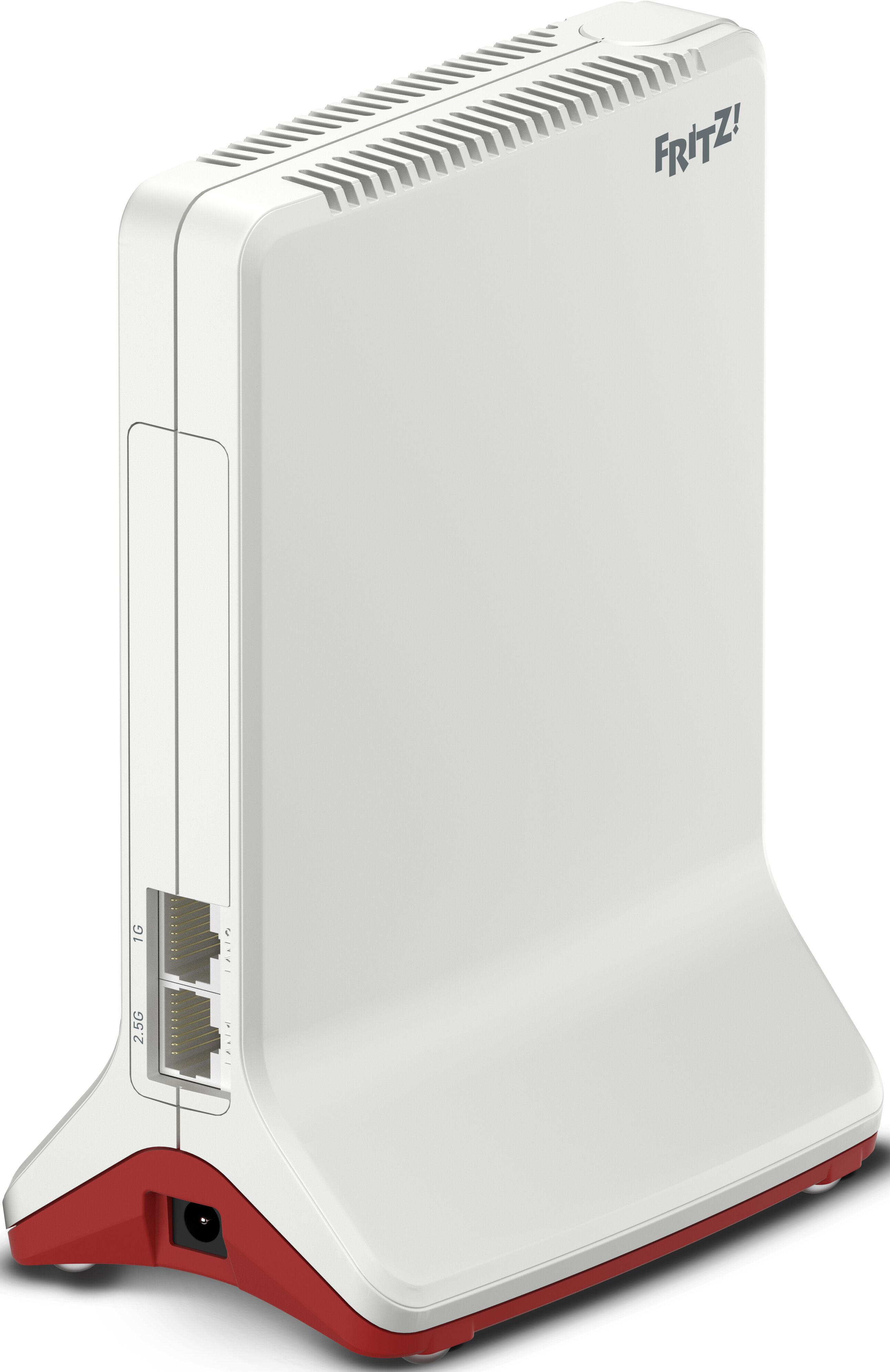 Weißer Router mit roter Basis und Seitenanschlüssen. Der Router hat ein vertikales Design mit Lüftungsschlitzen oben.