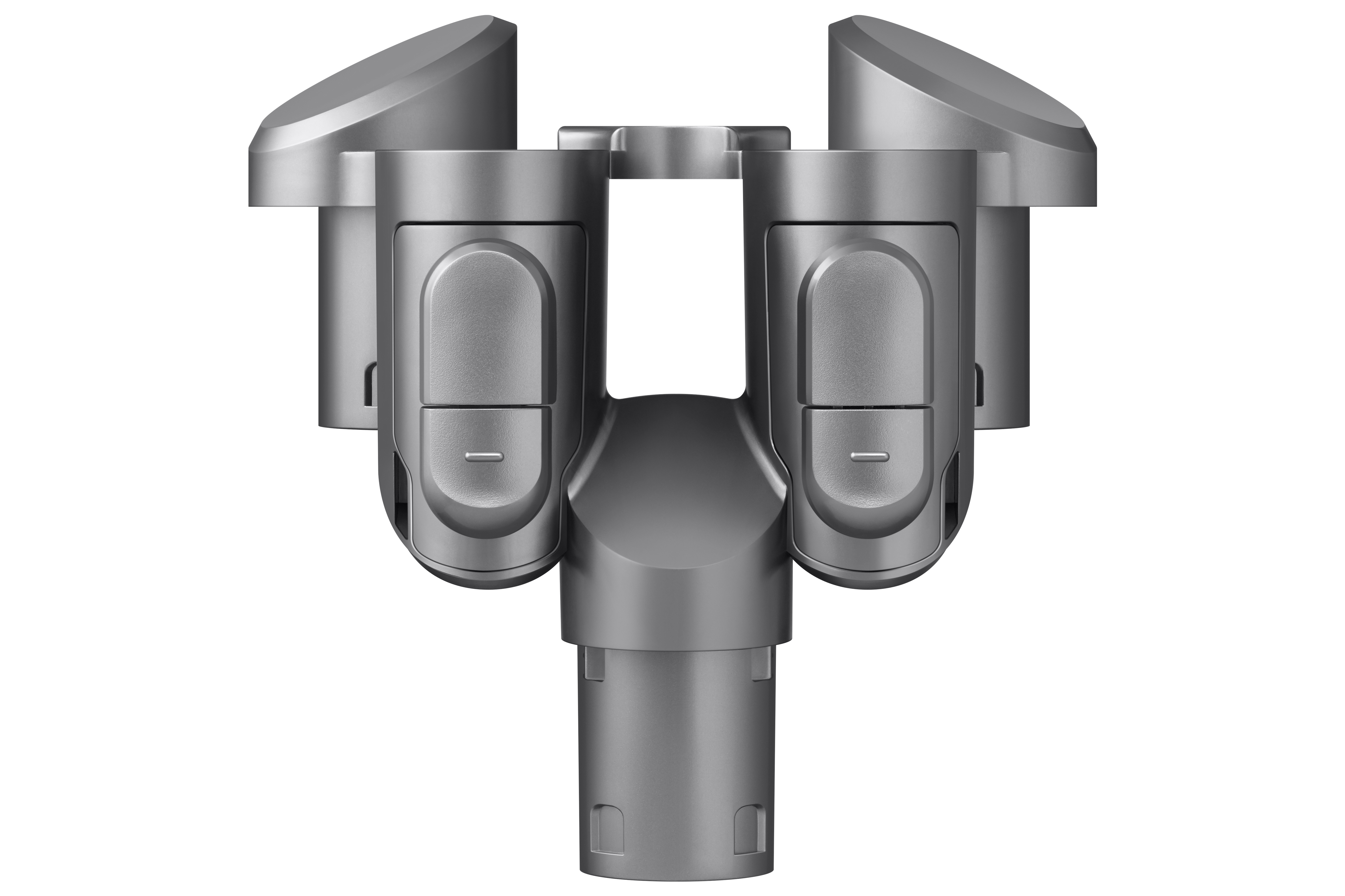 Ein silberner Aufsatz für einen Dyson-Staubsauger mit einzigartiger Form. Es besteht aus Kunststoff.
