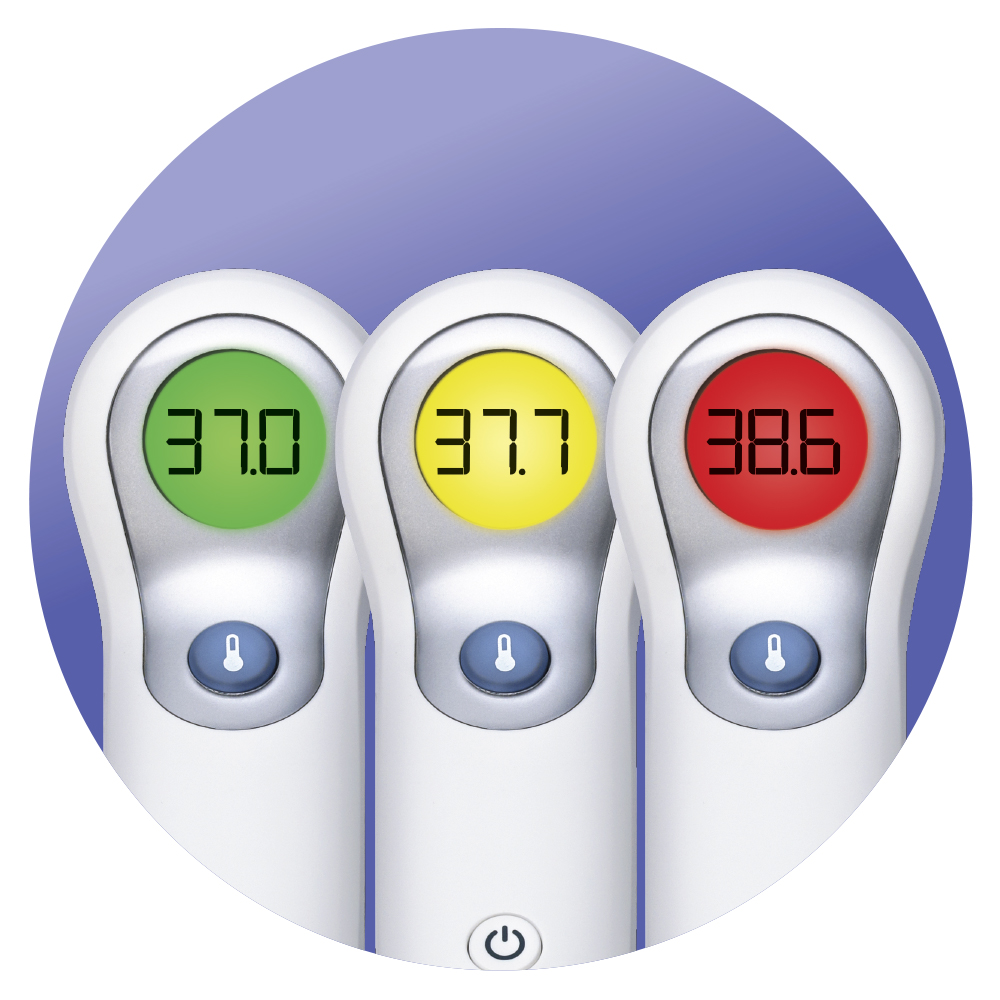 Drei Thermometer mit unterschiedlichen Temperaturanzeigen. Grüne, gelbe und rote Anzeigen. In einem blauen Kreis.