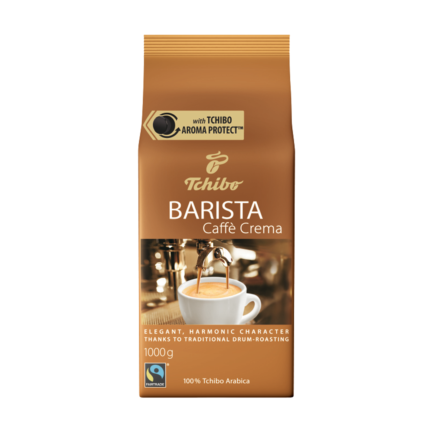 Bir torba Tchibo Barista Caffe Crema kahvesi. Kahve ile beyaz fincan. Kahverengi ve bej renkler.