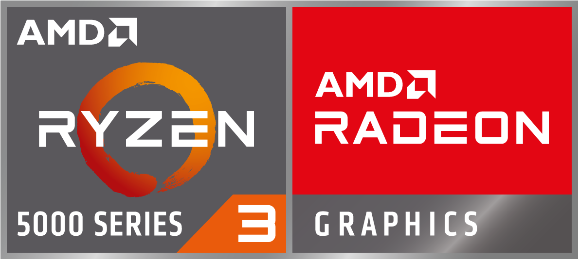 AMD Ryzen 3 met AMD Radeon graphics logo op grijze en rode achtergrond.