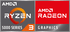 Logo AMD Ryzen 3 avec graphiques AMD Radeon sur fond gris et rouge.