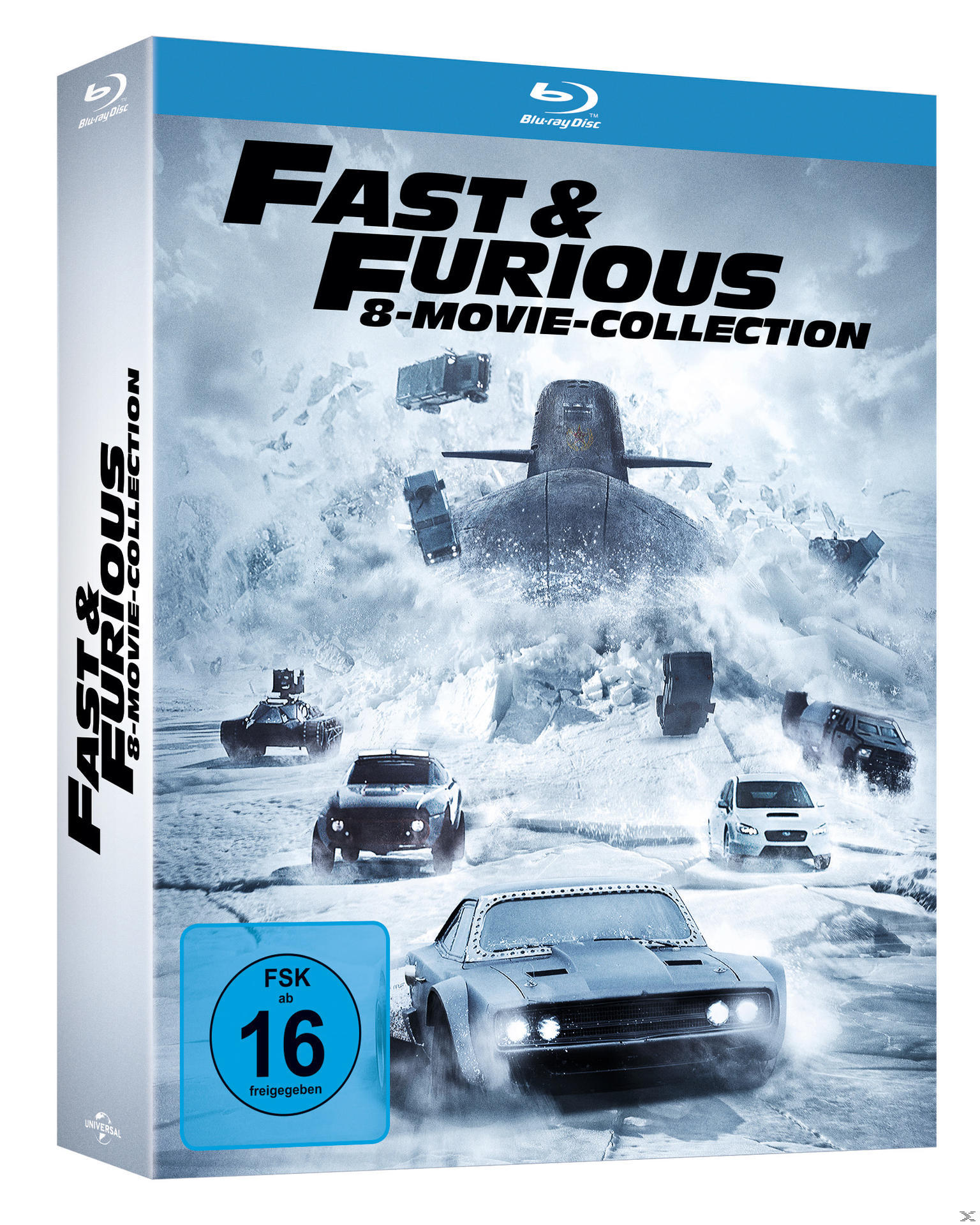 Eine Fast & Furious 8-Movie Blu-ray-Sammlung mit Autos und einem U-Boot auf dem Cover.