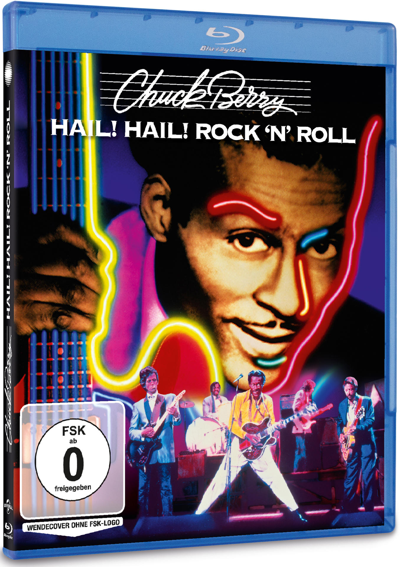 Filmcover: Chuck Berry, Neon-Gitarre und Band live. Text: Hail! Hail! Rock 'N' Roll.