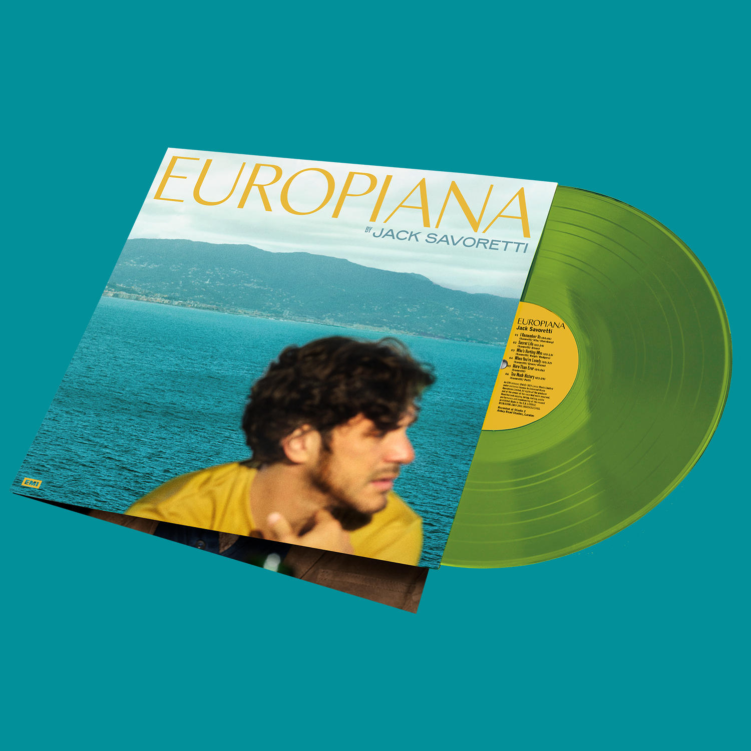 Albumcover mit einem Mann, der auf einen Meerblick blickt, mit einer grünen Schallplatte.