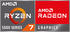 Logo AMD Ryzen 7 avec graphiques AMD Radeon sur fond gris et rouge.