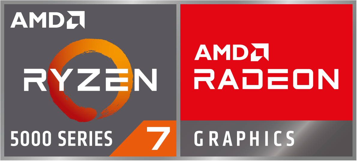 Logotipo de AMD Ryzen 7 con gráficos AMD Radeon sobre fondo gris y rojo.