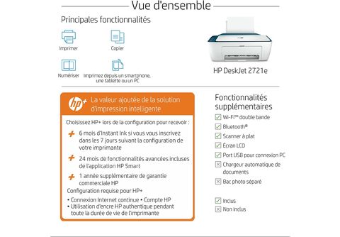 HP Deskjet 2720e  Imprimer, copier et scanner - Encre - Compatible HP+ -  Incl. 6 mois Instant Ink (26K67B)