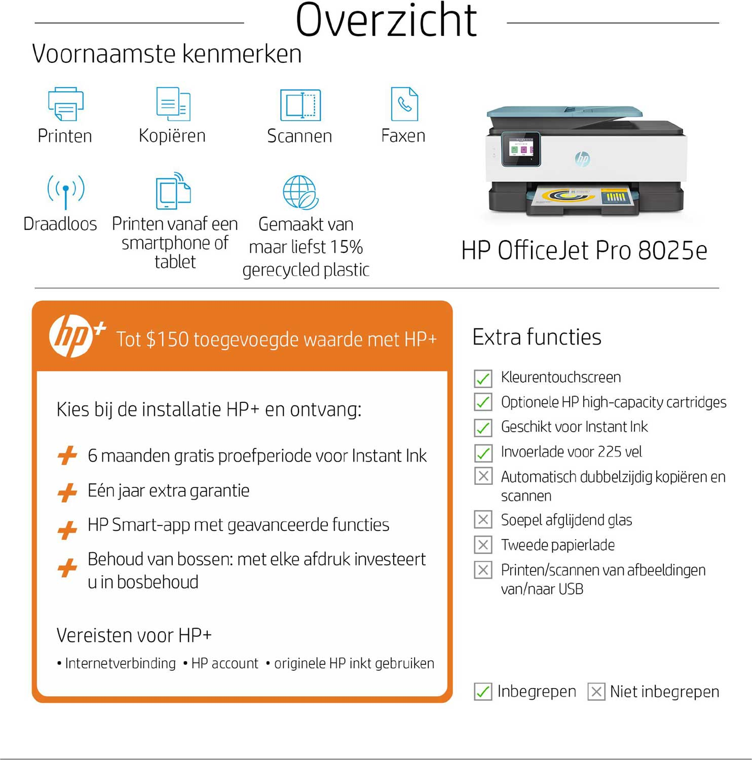 HP Officejet Pro 8025e - Printen, kopiëren en scannen - Inkt - HP+ geschikt - Incl. 6 maanden Instant Ink (229W9B) All-in-one printer