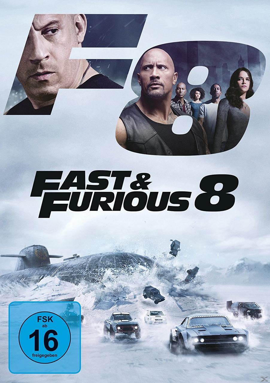 Filmposter von Fast & Furious 8 mit Hauptdarstellern, einem U-Boot im Eis und mehreren Autos.