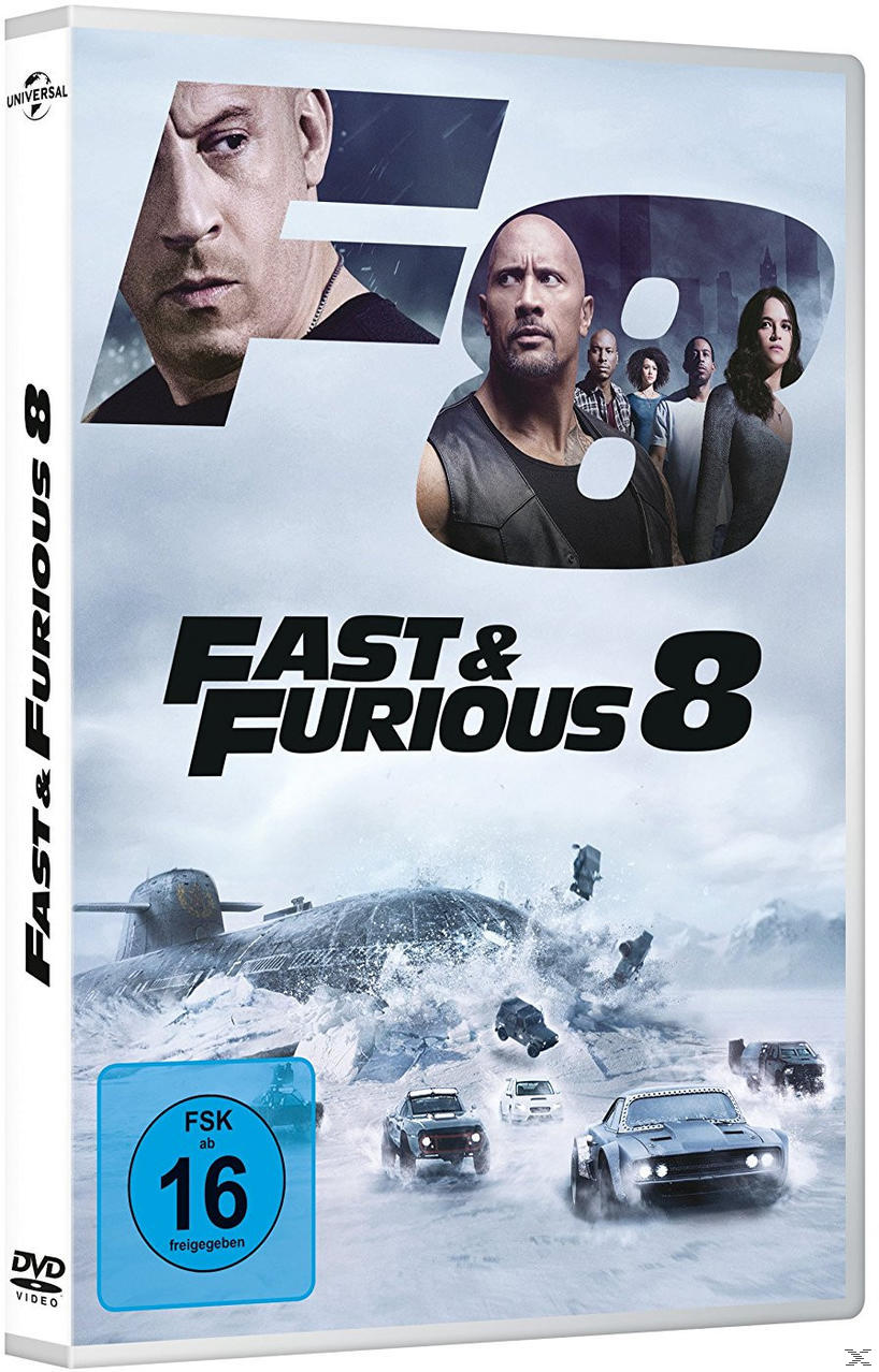 DVD-Cover von Fast & Furious 8 mit Cast und Autos auf Eis.