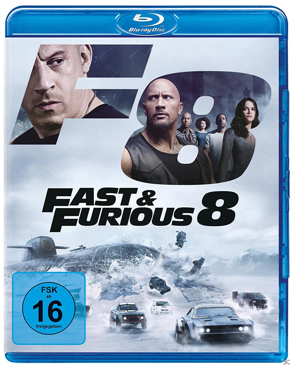 Blu-ray-Hülle von Fast & Furious 8 mit Hauptdarstellern und Autos, die aus dem Eis brechen.