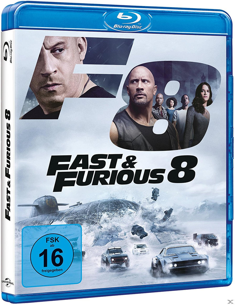 Blu-ray-Hülle von Fast & Furious 8 mit Cast und Autos auf Eis.