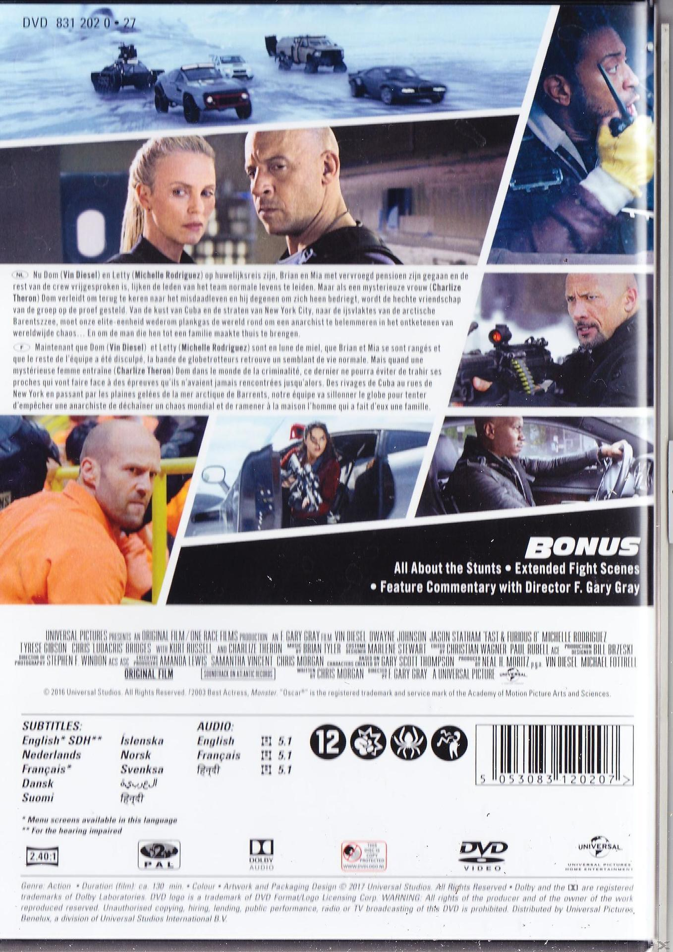 DVD-hoes. Acteurs op de voorkant: Vin Diesel, Michelle Rodriguez en anderen. Tekst in meerdere talen. Auto-actiescène.
