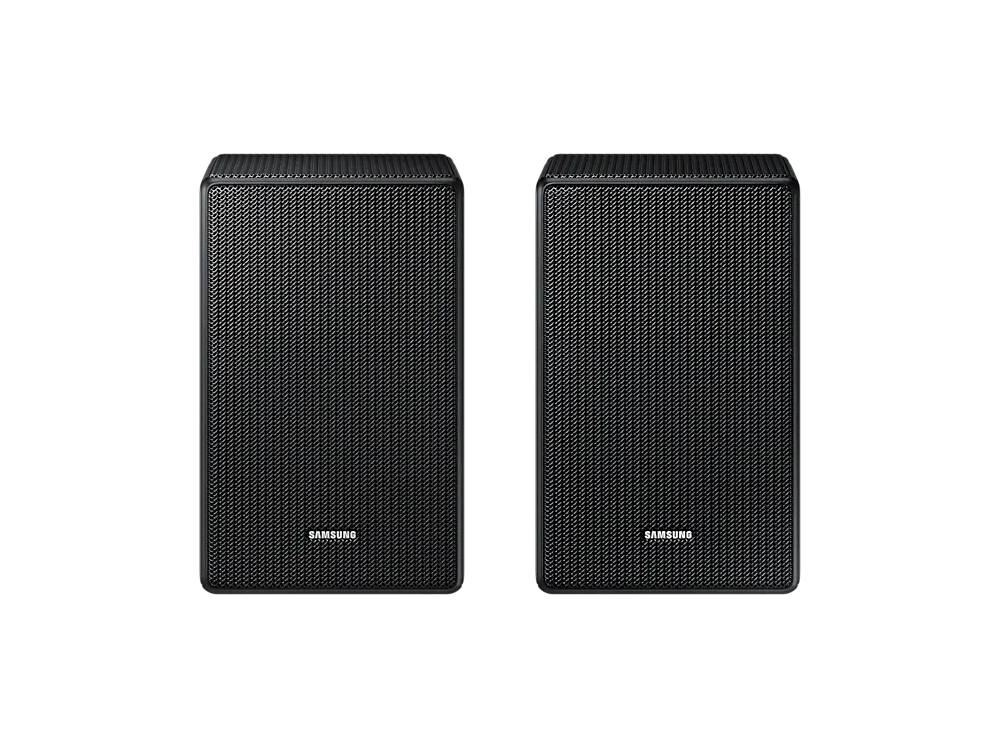 Dos altavoces negros sobre fondo negro, el logo de Samsung en los altavoces.