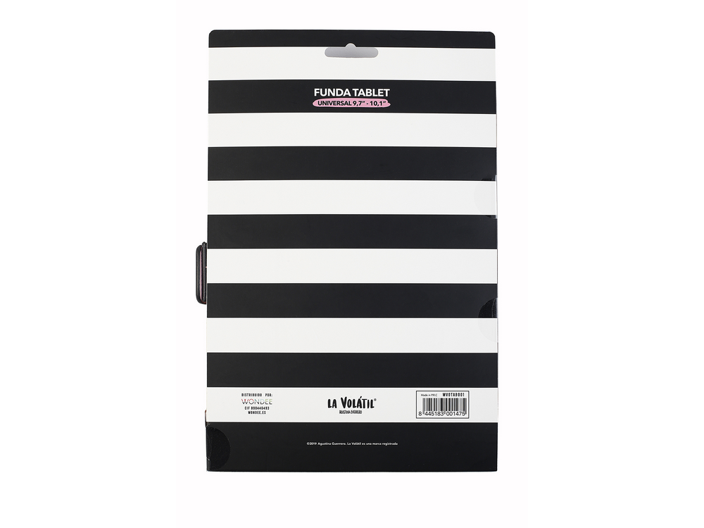 Una funda de tableta a rayas blancas y negras con asa, sobre un fondo blanco.