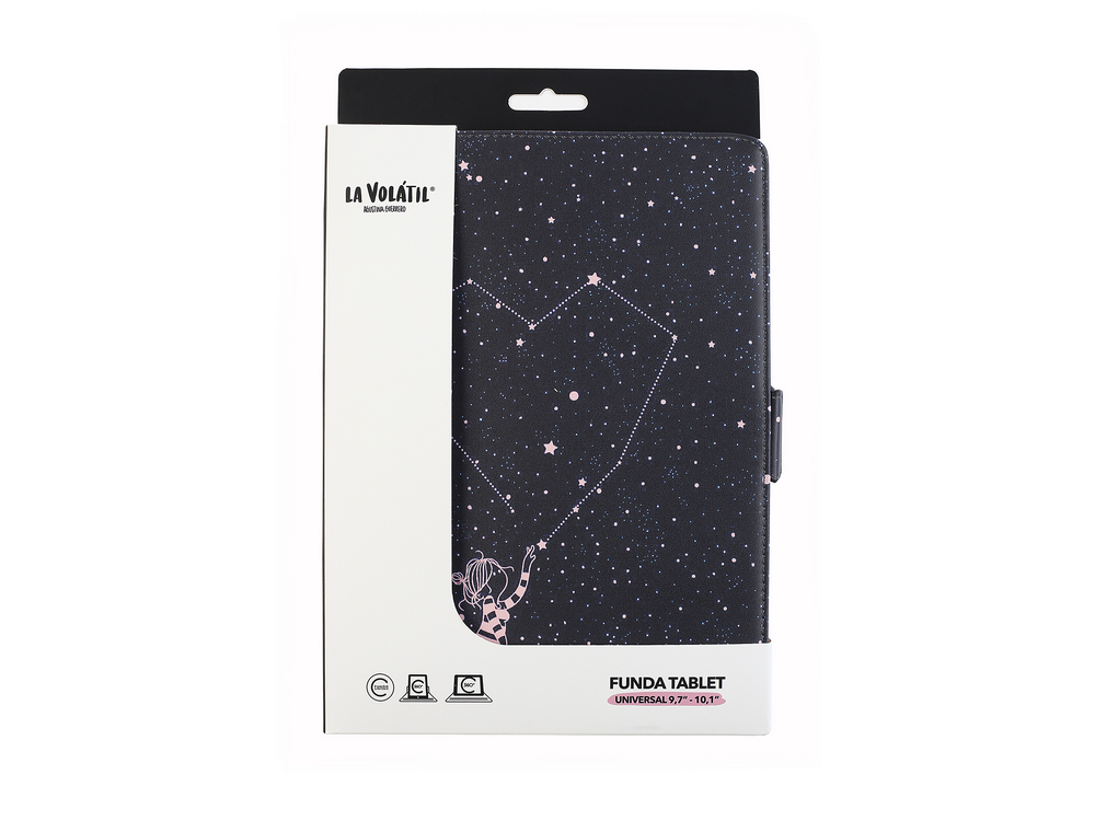 Una funda de tableta con un diseño de noche estrellada se muestra en su embalaje.