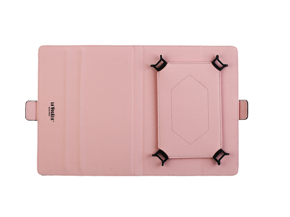 Funda de tableta rosa, abierta y vacía. Muestra el interior con correas en las esquinas.