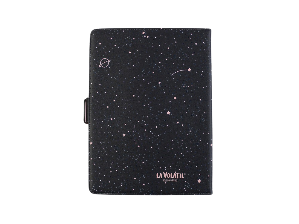 Cuaderno negro con diseño de estrellas. La cubierta tiene un planeta y las palabras 'LA VOLATIL' en rosa.