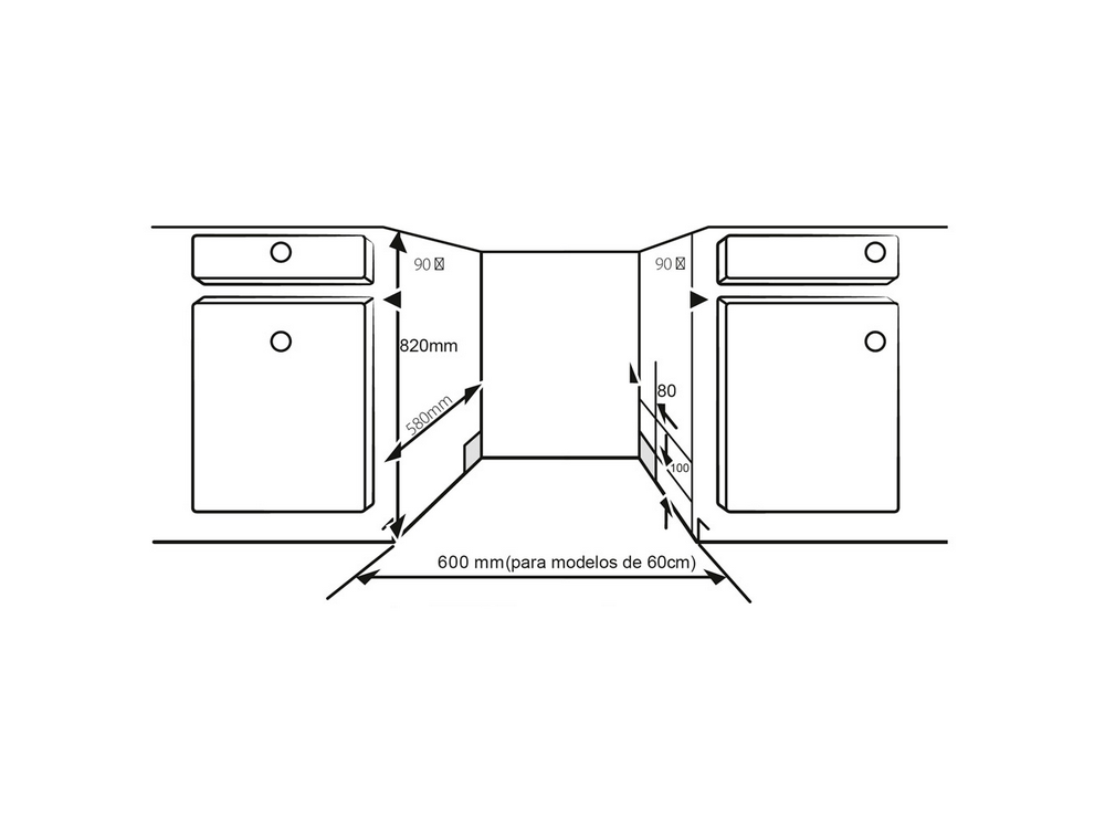 Diagrama mostrando dimensiones para instalar electrodomésticos entre dos armarios en una pared.