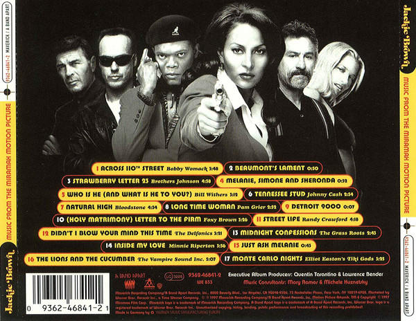 Filmposter für 'Jackie Brown', zeigt Besetzung und Album-Trackliste.