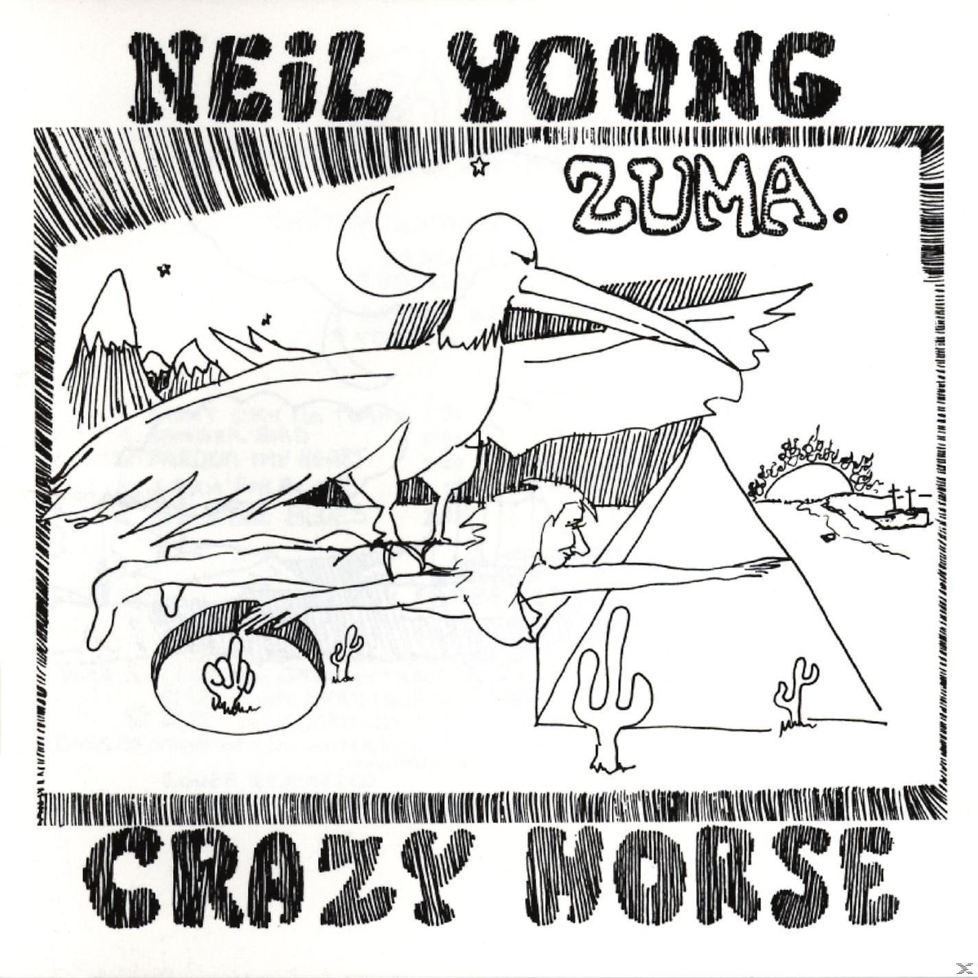 Fekete-fehér illusztráció, Neil Young, Crazy Horse, pelikánnal és figurával, Zuma albumborító.