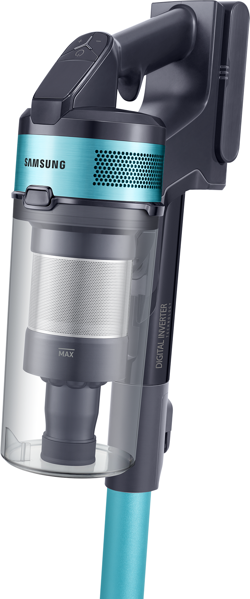 Un aspirateur Samsung bleu et noir.