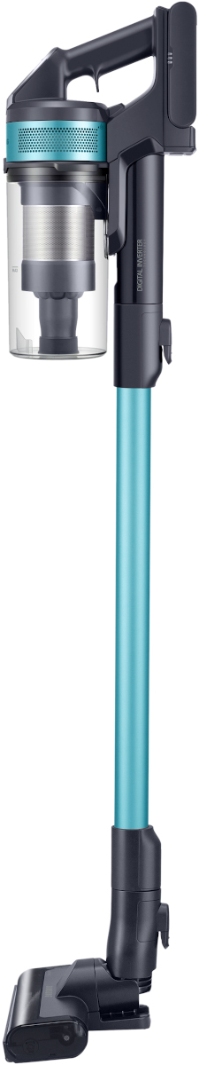 Un aspirateur bleu et noir avec une longue poignée et une tête de nettoyage.