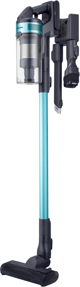 Un aspirateur Samsung sans fil bleu clair avec accessoires et station de charge.