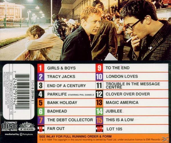 Egy Blur album hátoldala, számlistával és tömeggel a háttérben.