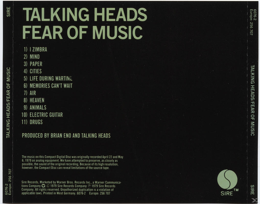 A Talking Heads Fear of Music album hátlapja. A számlistát és az album címét mutatja. Fekete háttér.