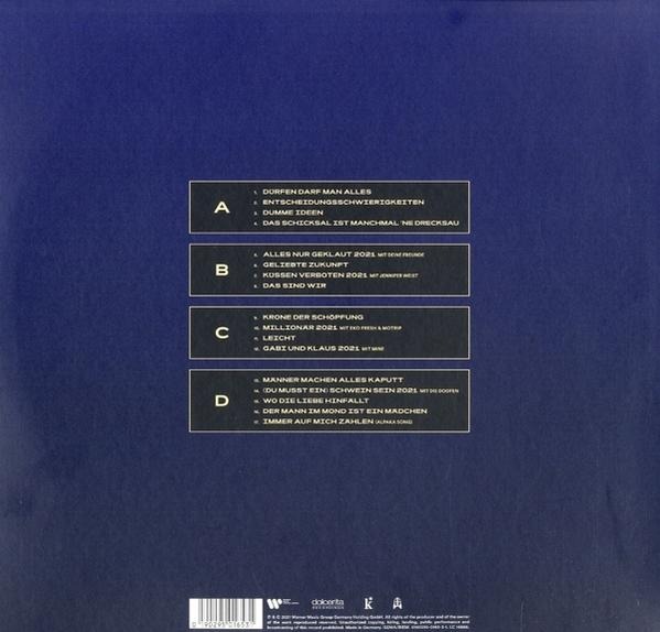 Vinyl-Schallplatte mit Titelliste auf blauem Hintergrund. Der Text ist weiß. Die Platte ist schwarz.