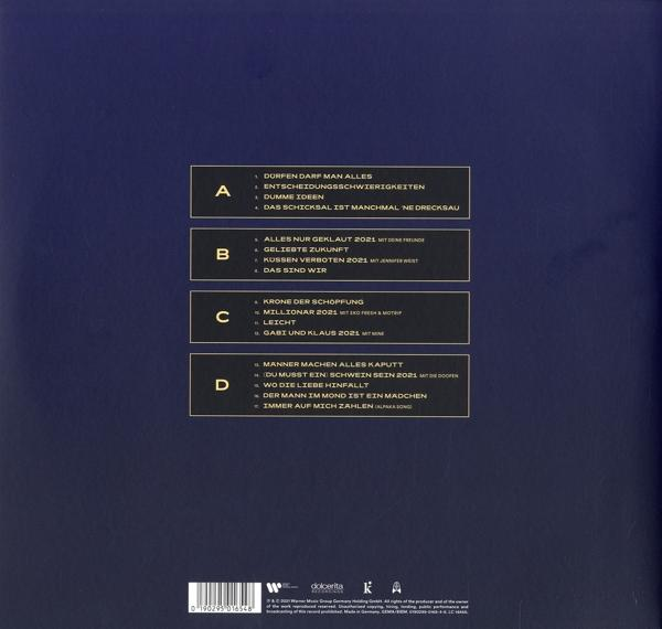 Albumcover: Rückseite, Titelliste mit Songtiteln, schwarzer Hintergrund, farbenfrohes Design.