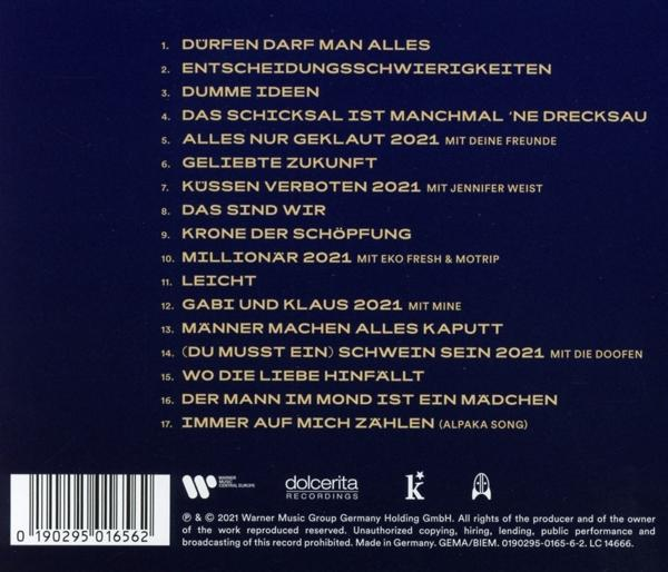 Rückseite einer CD mit Titellisten auf Deutsch. Die CD hat ein blaues und goldenes Farbschema und einen weißen Rand.