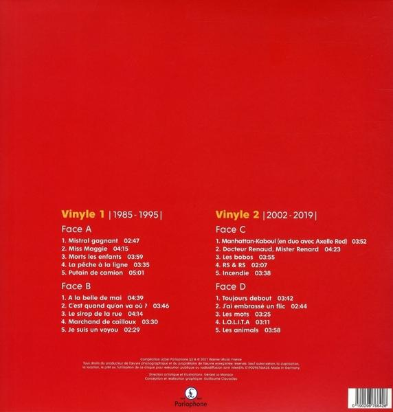 Albumcover mit Titellisten auf rotem Hintergrund, unterteilt in zwei Vinylabschnitte.