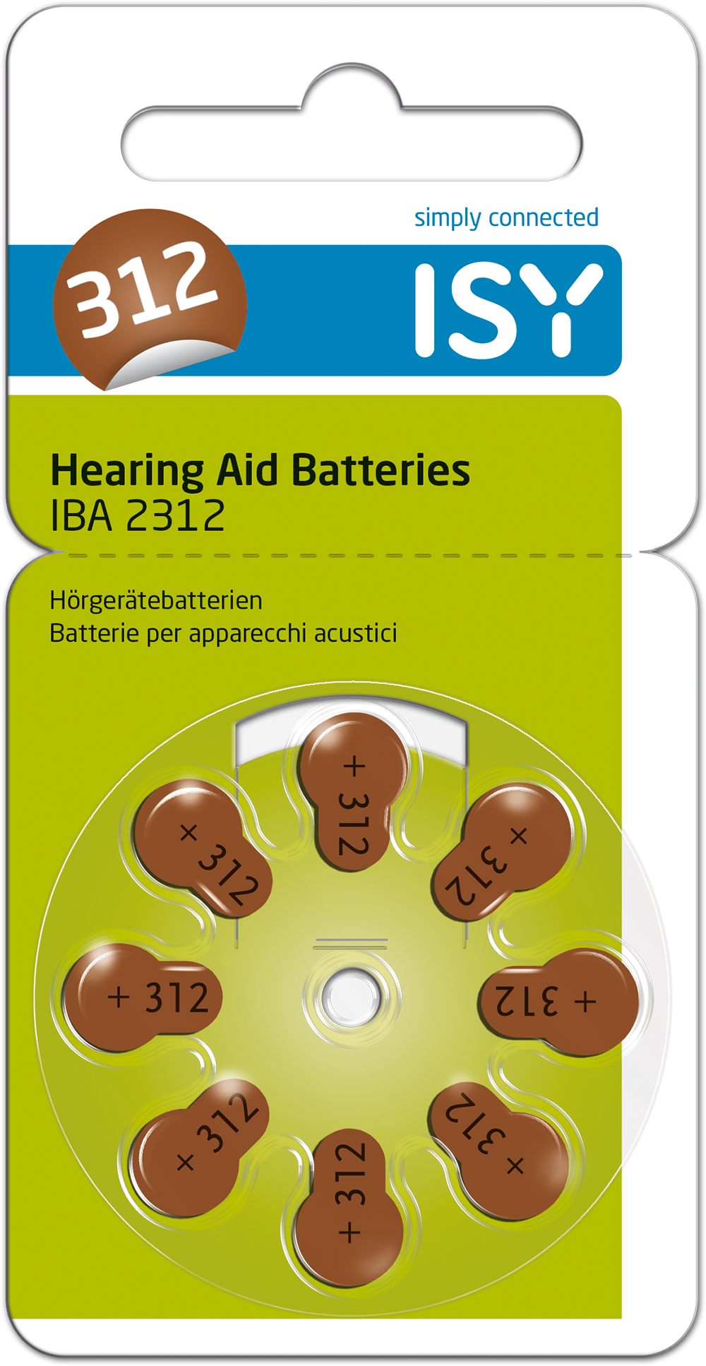 Batterijen voor hoortoestellen in een blisterverpakking, met het nummer '312' op elke batterij.