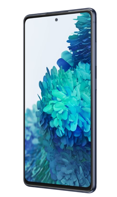 Mavi tonları olan bir ekran gösteren profilde mavi telefon.