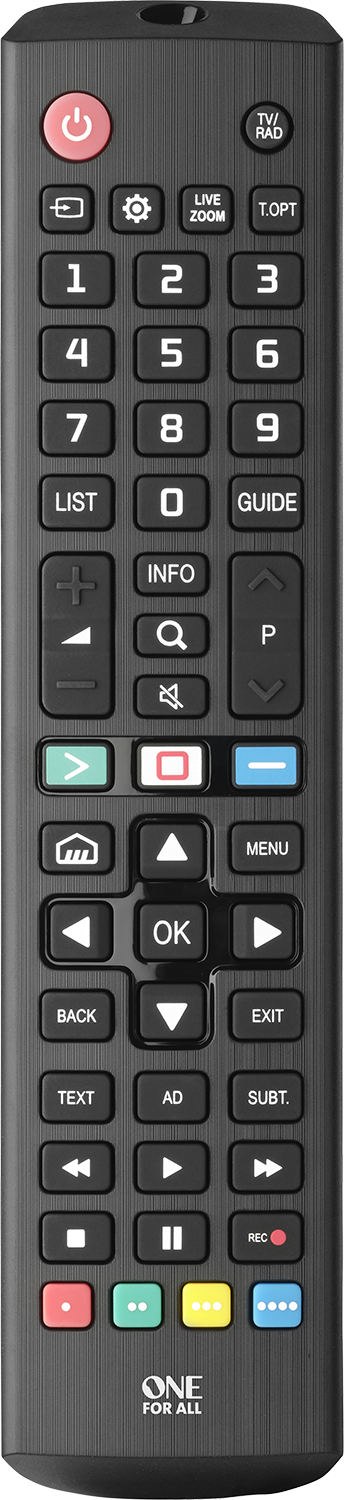 TV remote with many buttons and text labels. One for all brand.