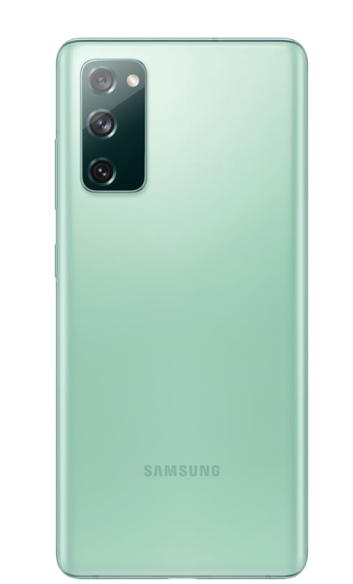 Nane yeşili Samsung telefon, arka görünüm, kameralar ve marka adı ile.