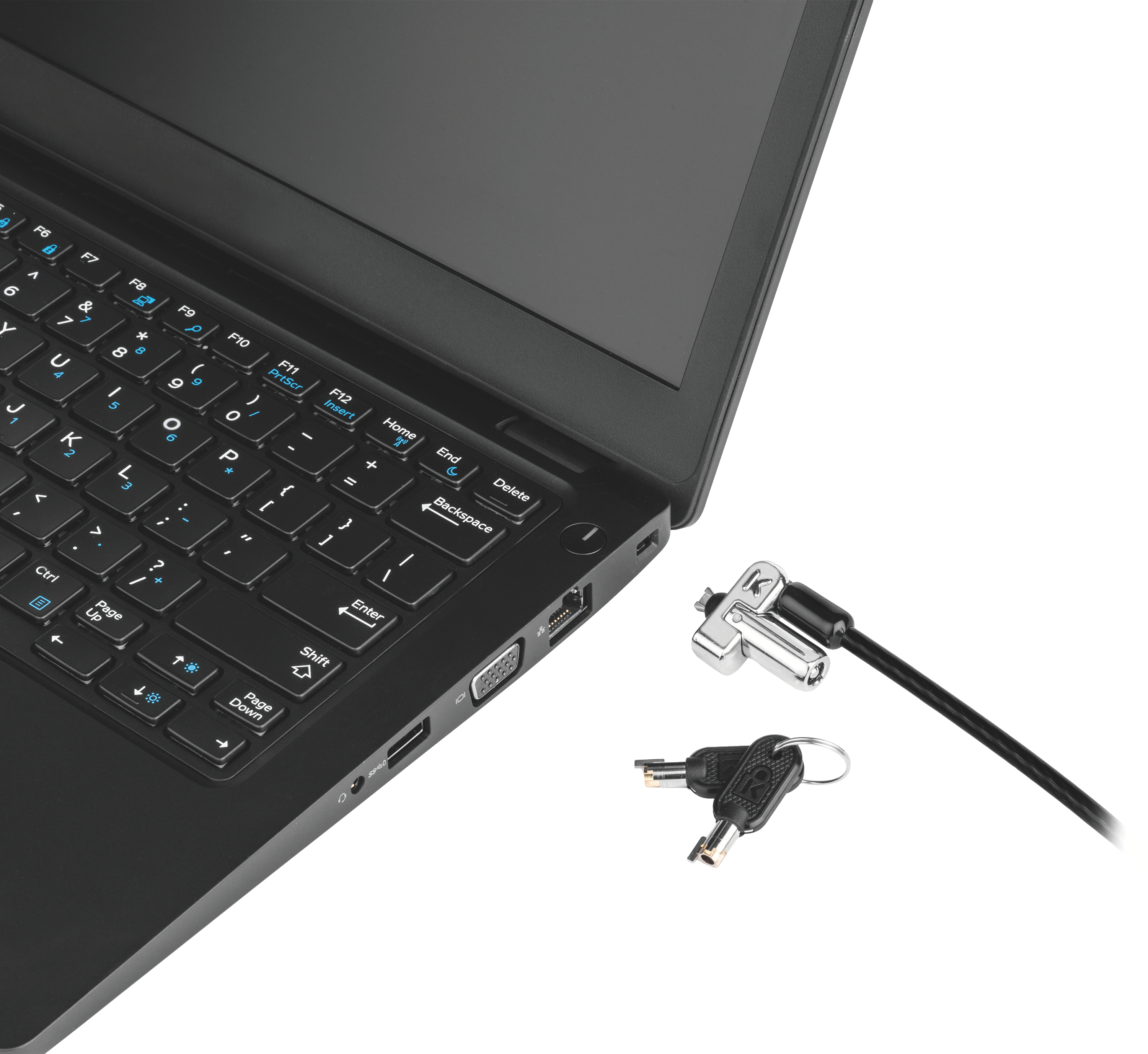 Zwarte laptop met zwart toetsenbord en een kabelslot met sleutels rechts.