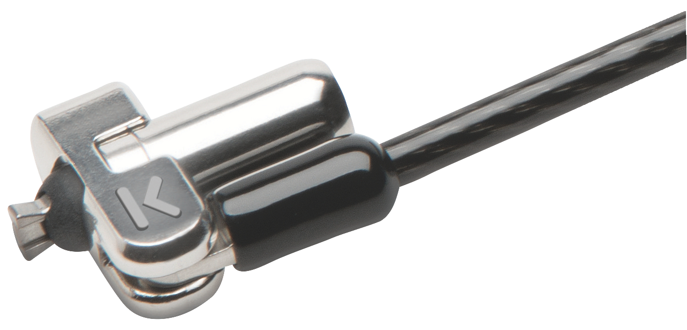 Close-up van een zilveren computer beveiligingskabelslot met een zwarte kabel.